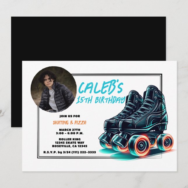 Convite Patins Preta Rodas Azuis Brilho Festa de Aniversár (Frente/Verso)