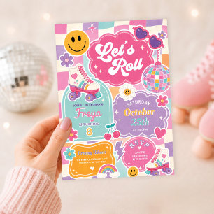 Convite Patins Retrô Xadrez Arco-Íris Aniversário Menina