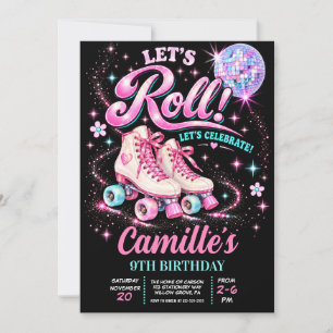 Convite Patins Rosa Rétro Festa de Aniversário da Garota D