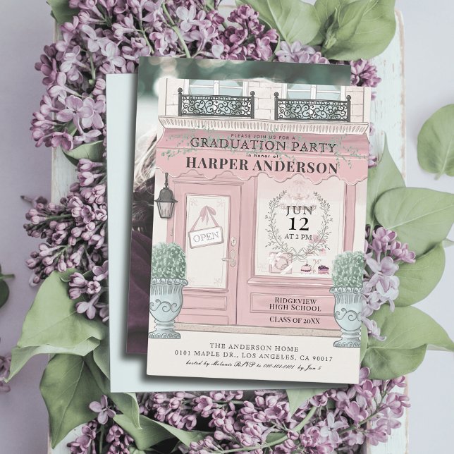 Convite Patisserie Francês Paris - Foto de Graduação Rosa (Criador carregado)