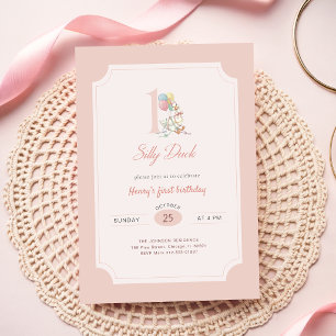 Convite Pato Bobo com Laço Rosa Menina 1º Aniversário