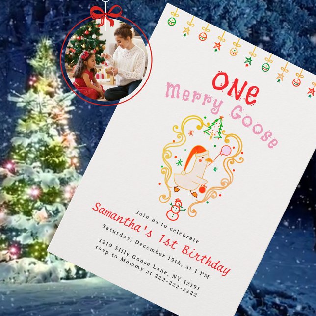 Convite Pato Bobo Festa de Natal e Aniversário (Holiday invitation cute illustrated goose in a Santa hat holding a balloon, festive Christmas decor)