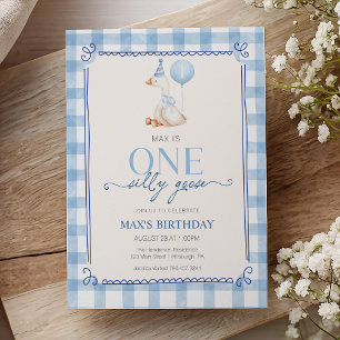 Convite Pato Bobo Primeiro Aniversário Xadrez Azul Menino