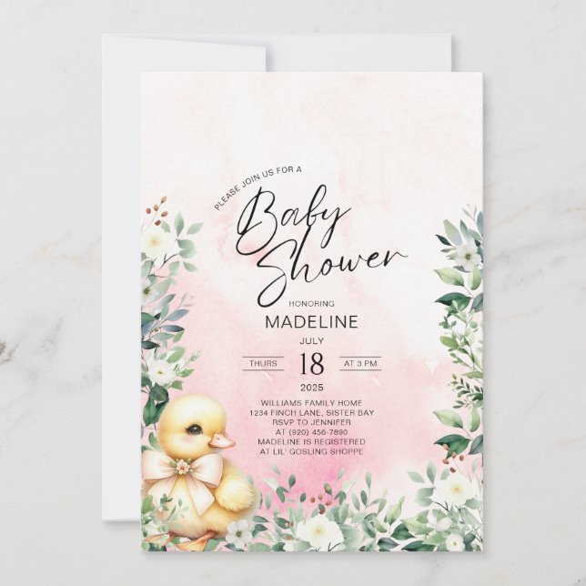 Convite Pato com Arco de Chá de fraldas Rosa (Frente)