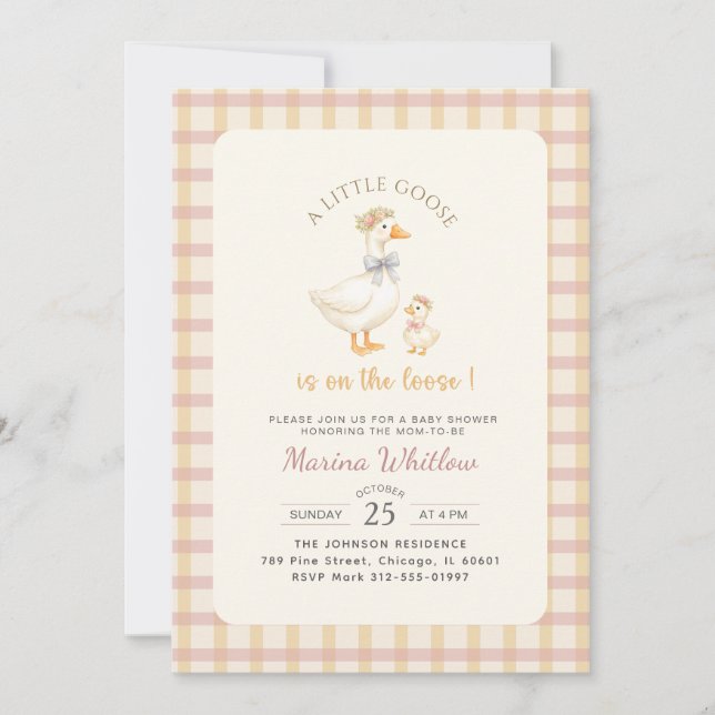 Convite Pato com Laço de Gingham Chácara Baby Shower (Frente)
