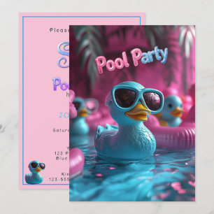 Convite Pato de Borracha Azul Festa na Piscina Brilho Rosa