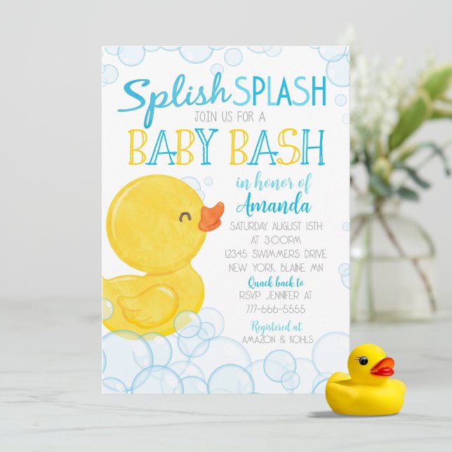Convite Pato de Borracha Esparrinhar Bebê Chove-Chove Chá  (Splish Splash Watercolor Rubber Duck Boy Baby Shower Invitations. Available Printed or Download)