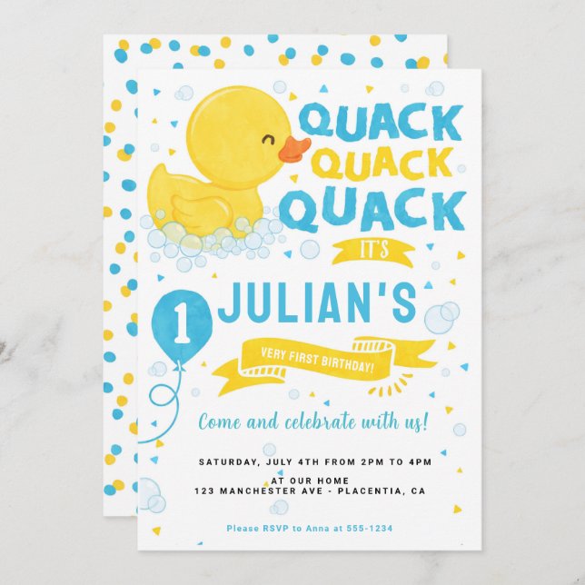 Convite Pato de borracha Primeira festa de aniversário Ama (Frente/Verso)