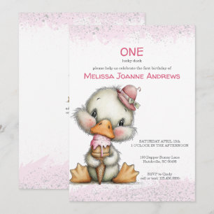 Convite Pato Fofo com Sorvete Rosa no Primeiro Aniversário