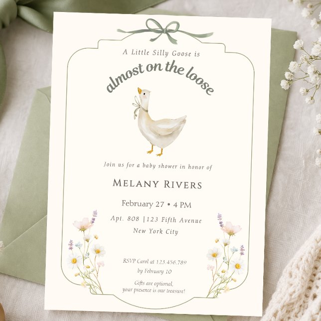 Convite Pato Tolo à solta Chá de Bebê floral Sábio (Silly Goose on the loose Sage floral Baby Shower Invitation)