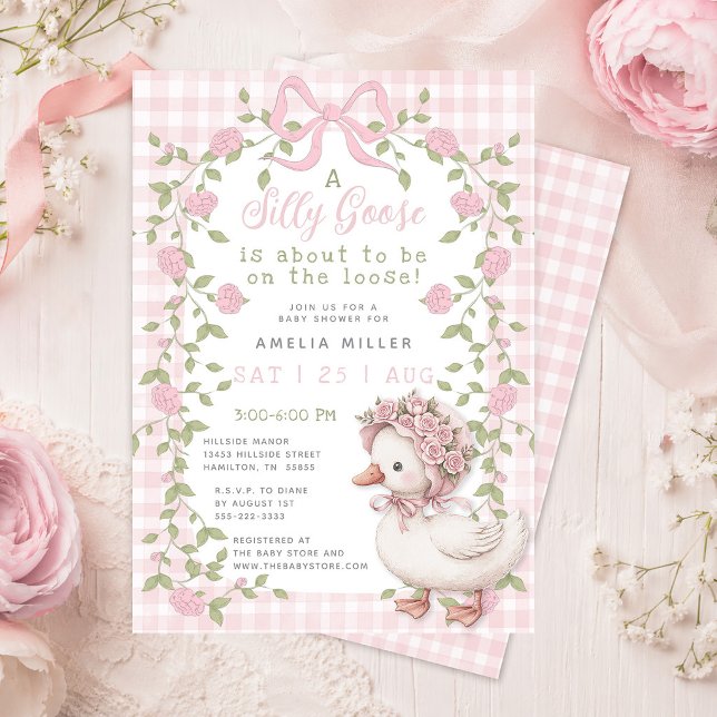 Convite Pato Tolo à Solta Chá de Bebê Rosa Xadrez (Silly Goose On the Loose Pink Gingham Baby Shower Invitation)
