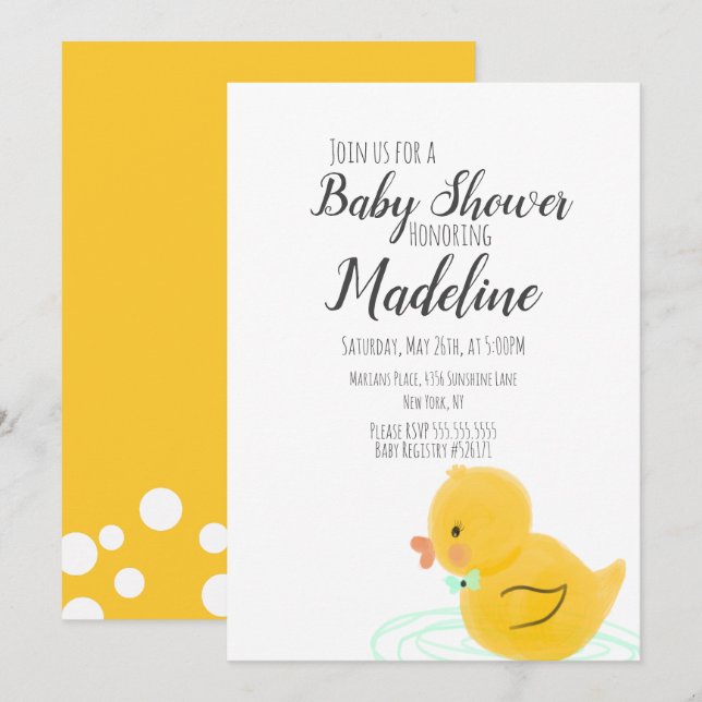 Convite Patos de Borracha Desenhados à Mão  Chá de Bebê (Frente/Verso)