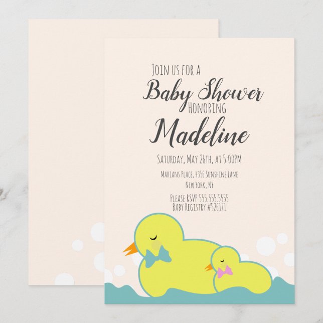 Convite Patos de Borracha Modernos Bege  Chã de Bebê   (Frente/Verso)