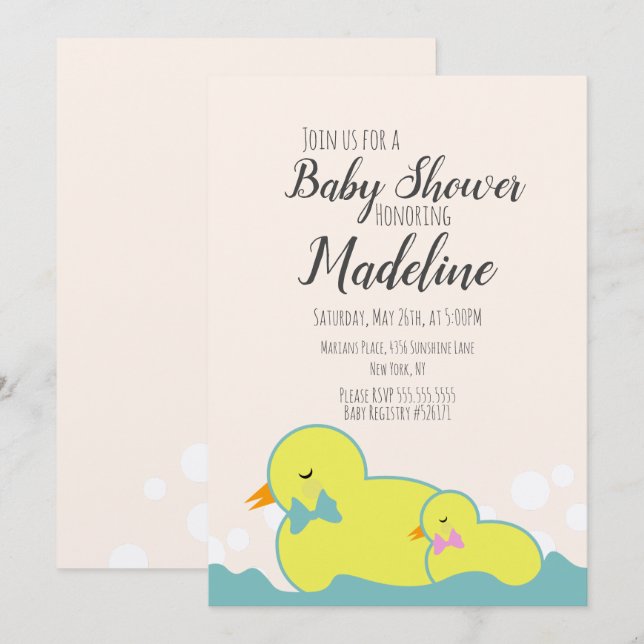 Convite Patos de Borracha Modernos Bege Chuveiro de Bebê R (Frente/Verso)