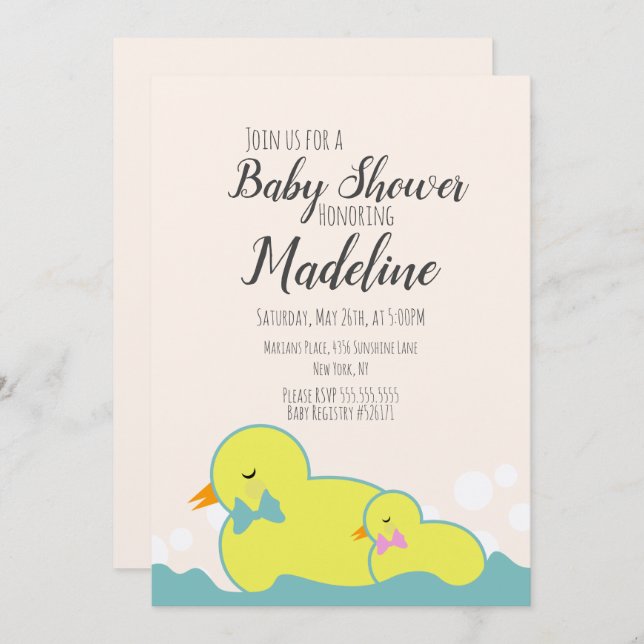 Convite Patos de Borracha Modernos Beige Chá de fraldas Ru (Frente/Verso)