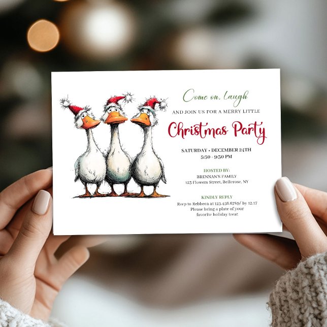 Convite Patos de Natal Caprichosos Festa Divertida Minimal (Christmas Whimsical Geese Funny Minimalist Party Invite)