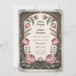 Convite Patrimônio Art Nouveau Floral Casamento Preto Dour