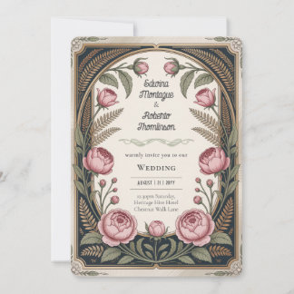 Convite Patrimônio Art Nouveau Floral Casamento Preto Dour