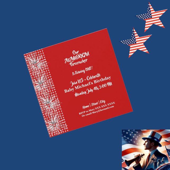 Convite Patriota Americana do Firecracker Birthday Boy (Patriotic American Flag Firecracker Birthday Boy Invitation)