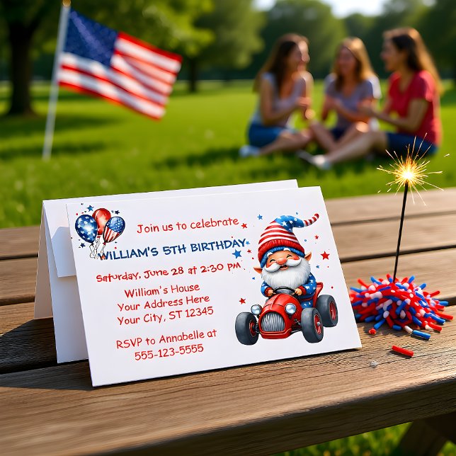 Convite Patriotic Gnome Red Car 5th Birthday Invitation (Criador carregado)
