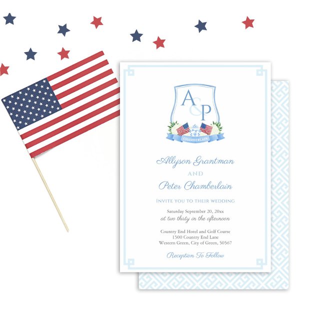 Convite Patriotic New England Hydrangea Wedking Crest (Patriotic Red White And Blue Watercolor Crest Wedding Invitation With Blue White Greek Key Backer)