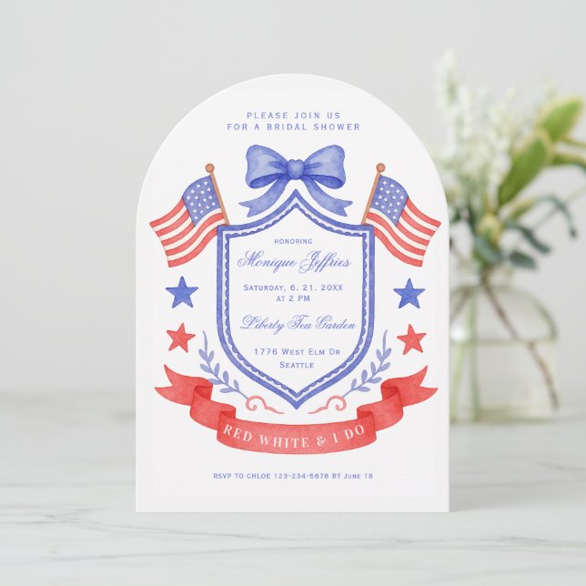 Convite Patriotic Red White & I DoCrest  Bridal Shower (Em pé/Frente)