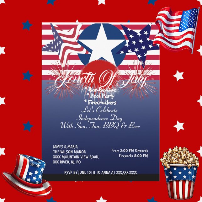 Convite Patriotic Stars 4º de julho Partido de CHURRASCO d (Patriotic Stars 4th July Firecrackers BBQ Party Invitation)