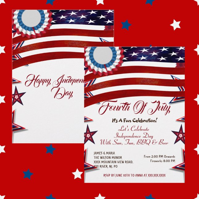 Convite Patriotic Stars 4 de julho Partido CHURRASCO de Ba (Patriotic Stars 4th July American Flag BBQ Party Invitation)