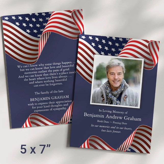 Convite Patriótica Memorial Veterano American Flag Funeral (Patriotic USA Flag Photo Sympathy Veteran Funeral Thank You Card)