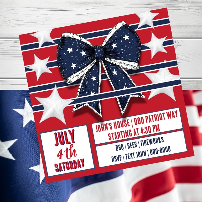 Convite Patriótico do Dia 4 de Julho em Vermelho B (Happy Fourth of July party invitation with coquette bow and stars and stripes. )