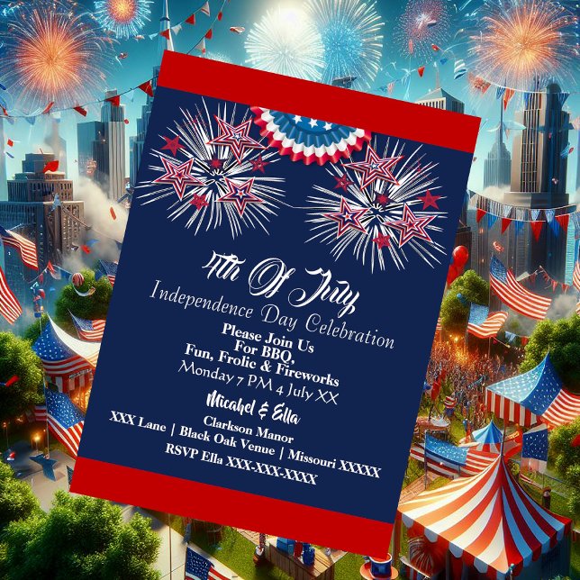 Convite Patriótico dos EUA - 4 de julho Partido do Bombead (US Patriotic 4th July Firecracker BBQ Party Blue Invitation)