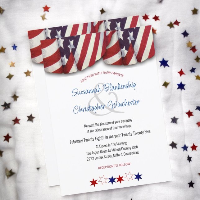 Convite Patriótico Vermelho Branco Azul com Estrel (front and back view of wedding invitation)