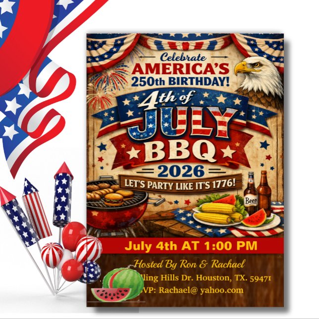Convite Patrotic BBQ 4th of July America's 250th  (Criador carregado)
