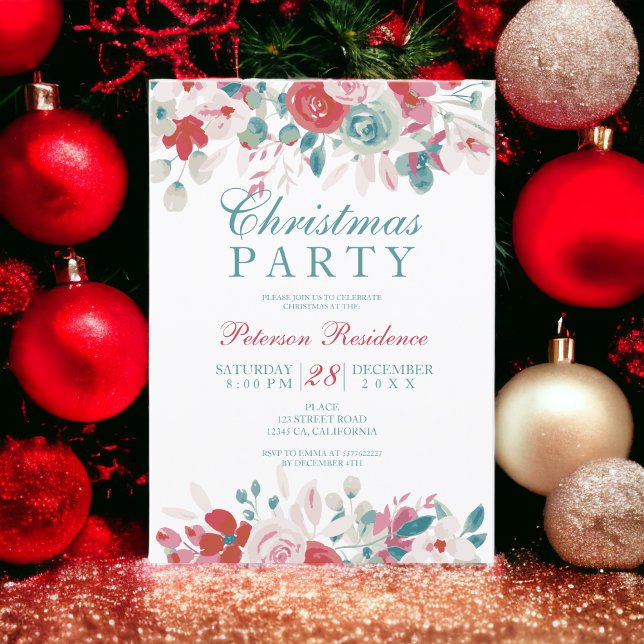 Convite Pau verde-branco floral Elegante (Elegant floral watercolor red green Christmas Invitation)