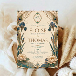 Convite Pavão Art Nouveau Casamento Botânico Dourado Teal