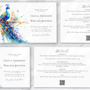 Convite Pavão de Aquarela Elegante Todos em Um Casamento