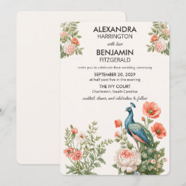 Convite Pavão de Casamento Botânico | Arte Floral Vintage