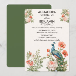 Convite Pavão de Casamento Botânico | Arte Floral Vintage