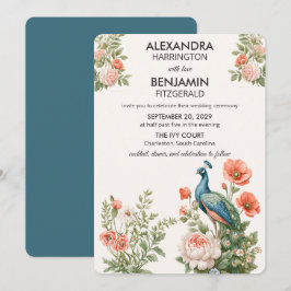 Convite Pavão de Casamento Botânico | Arte Floral Vintage