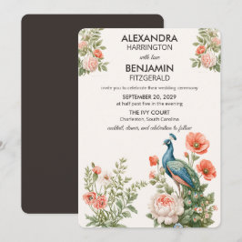 Convite Pavão de Casamento Botânico | Arte Floral Vintage