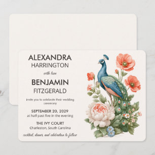 Convite Pavão de Casamento Botânico Arte Floral Vintage