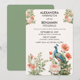 Convite Pavão de Casamento Botânico | Arte Floral Vintage
