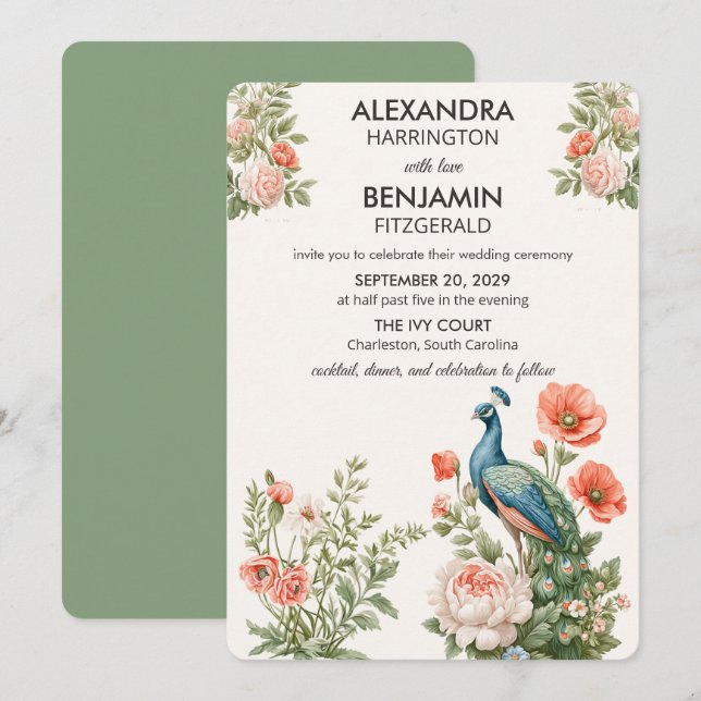 Convite Pavão de Casamento Botânico | Arte Floral Vintage (Frente/Verso)
