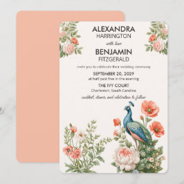 Convite Pavão de Casamento Botânico | Arte Floral Vintage