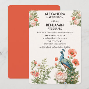 Convite Pavão de Casamento Botânico Arte Floral Vintage
