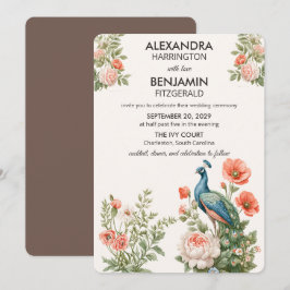 Convite Pavão de Casamento Botânico | Arte Floral Vintage