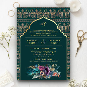 Convite Pavão Dourado Turquesa Anand Karaj Casamento Sikh