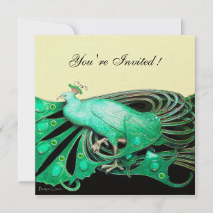 CONVITE PAVÃO ELEGANTE EM VERDE, PRETO E DOURADO