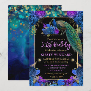 Convite Pavão Floral Azul e Roxo Aniversário de 21 anos