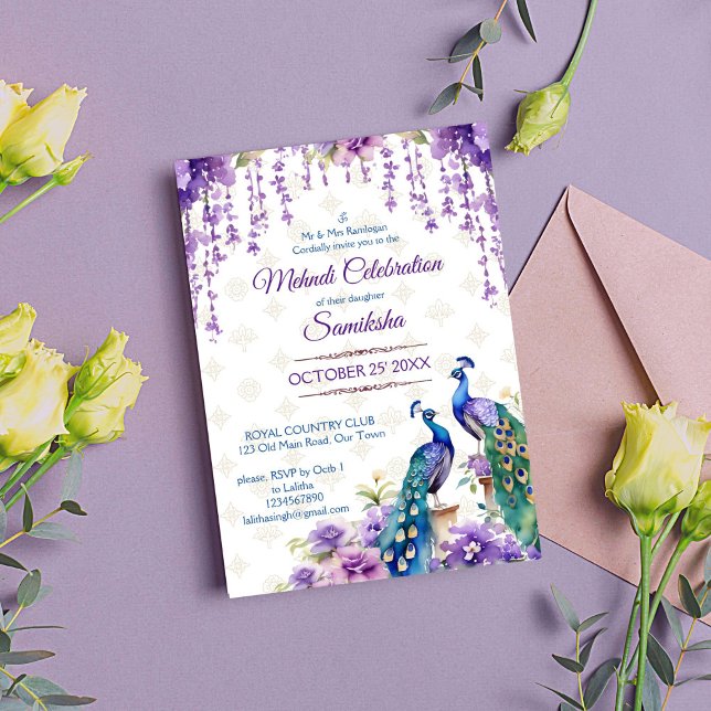 Convite Pavão flores roxas casamento índio (Peacock purple flowers Mehndi Indian wedding editable template Invitation instant digital download)
